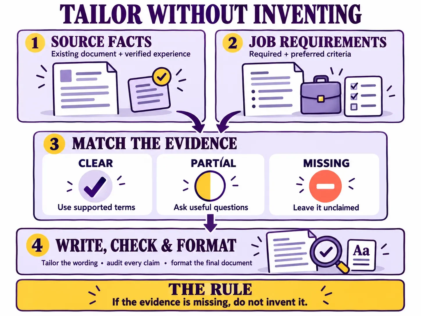 Four-step process for matching verified career facts to job requirements before writing and checking a tailored resume.