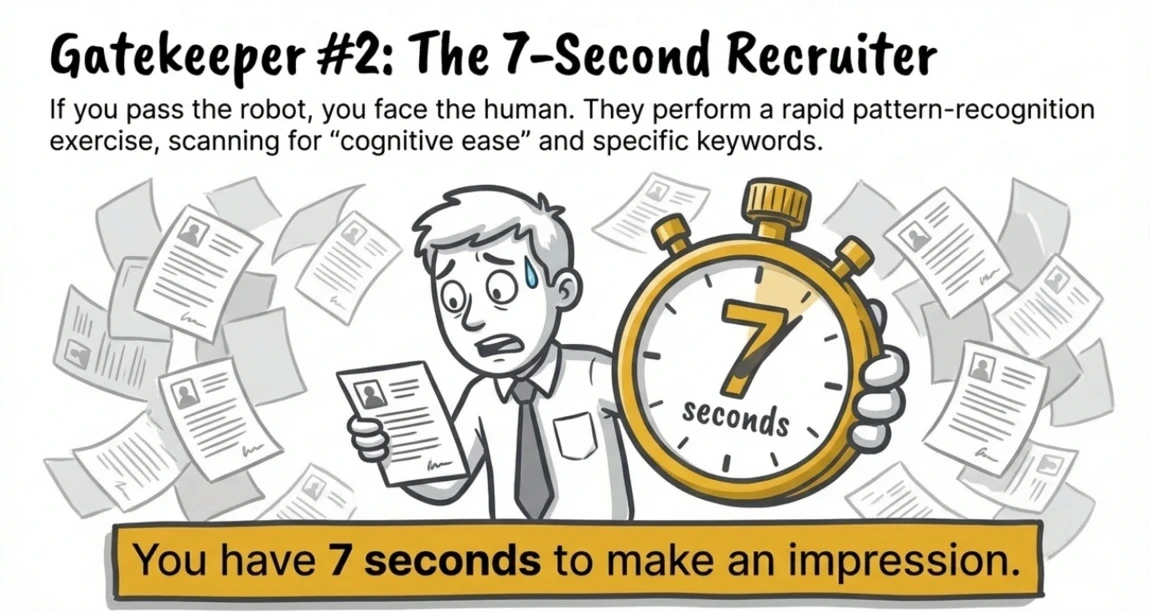 Cartoon illustration depicting a nervous professional holding a resume, surrounded by dozens of falling resumes and a large stopwatch showing 7 seconds. The image explains that Gatekeeper #2: The 7-Second Recruiter performs a rapid scan for cognitive ease and keywords, emphasizing that successful resume tailoring must also ensure the document is scannable and visually clear for the human reviewer.