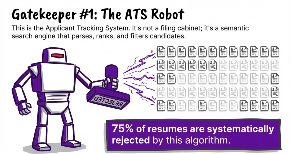 Cartoon illustration of a large, purple and white ATS Robot using a REJECTED stamp on a pile of resumes. Text explains that the Applicant Tracking System (ATS) is a semantic search engine that systematically rejects 75% of resumes. This highlights the critical need for resume tailoring to match job descriptions and pass this initial digital screening.